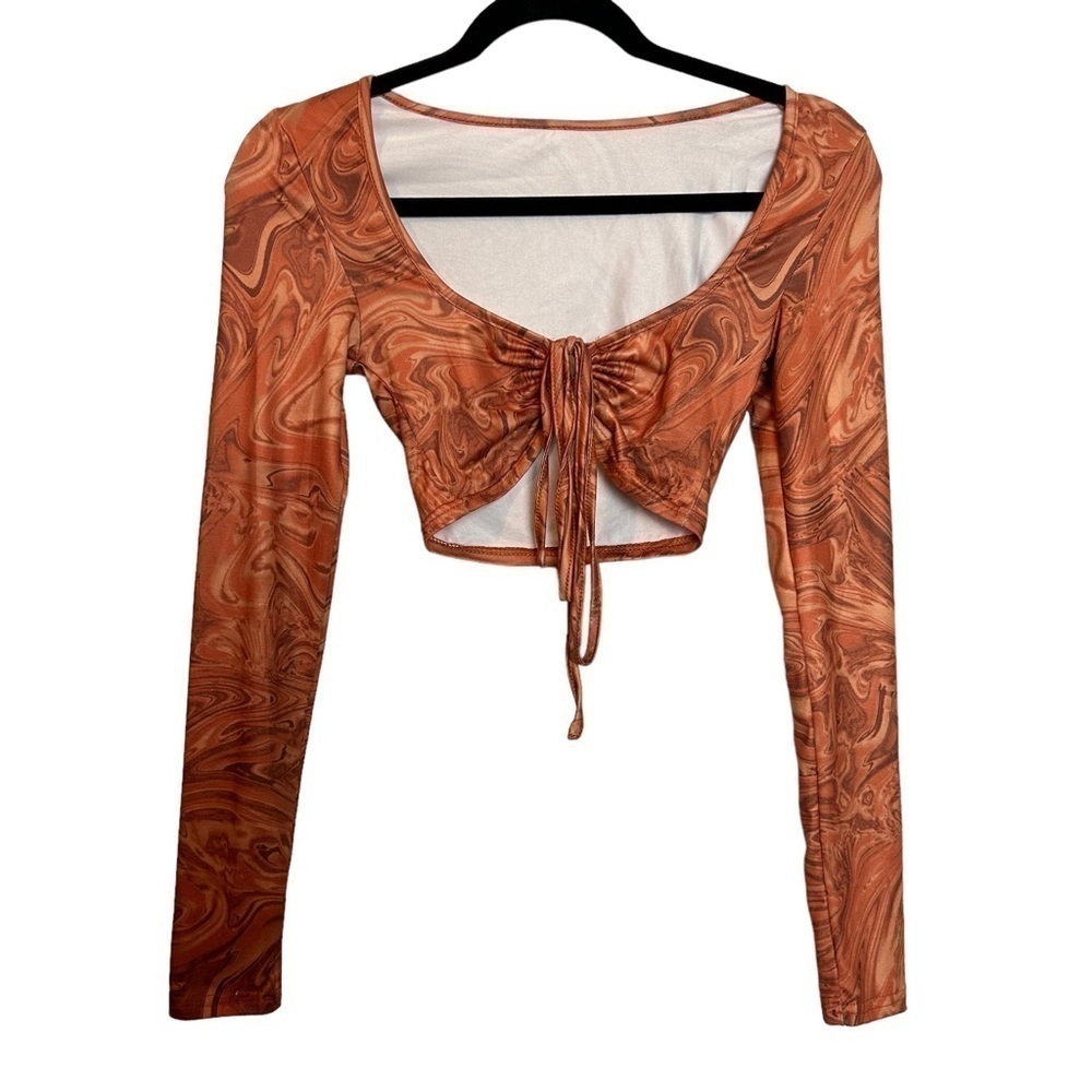 Shein Marble Swirl Print 70’s Retro Long Sleeve Tie Front Ultra Crop Top